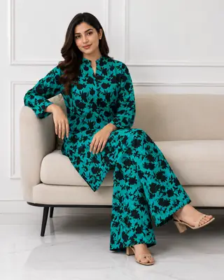 2 Pcs Women's Stitched winter Cotton Printed Long Shirt And Trouser thumbnail 2