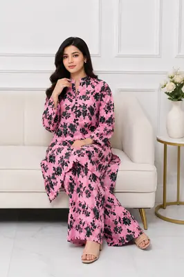 2 Pcs Women's Stitched winter Cotton Printed Long Shirt And Trouser thumbnail 2
