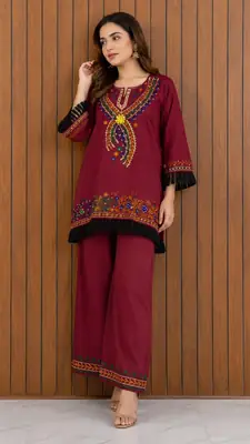 2 Pcs Women's Stitched Lawn Hand Embroidered Co-Ord Set