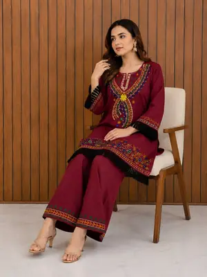 2 Pcs Women's Stitched Lawn Hand Embroidered Co-Ord Set thumbnail 2
