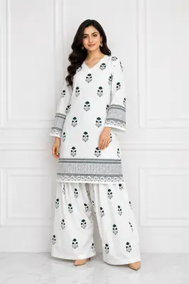 2 Pcs Women's Stitched Cotton Lawn Printed Shirt And Farshi Shalwar thumbnail 2