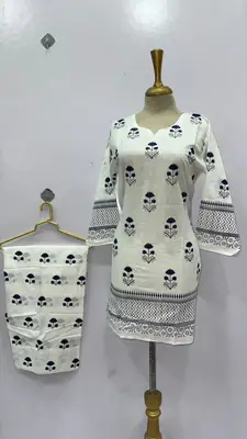 2 Pcs Women's Stitched Cotton Lawn Printed Shirt And Farshi Shalwar thumbnail 3