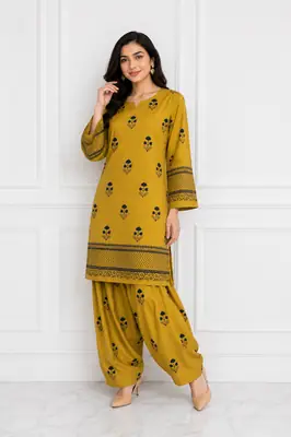 2 Pcs Women's Stitched Cotton Lawn Printed Shirt And Farshi Shalwar
