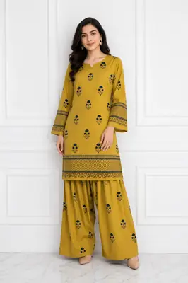 2 Pcs Women's Stitched Cotton Lawn Printed Shirt And Farshi Shalwar thumbnail 2