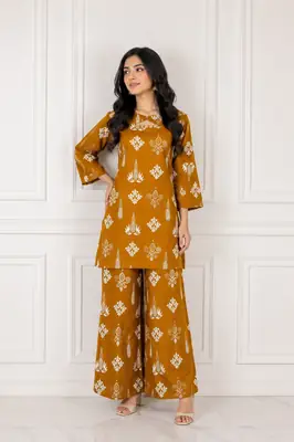 2 Pcs Women's Stitched Cotton Lawn Printed Co-Ord Set (Bangali)