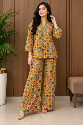 2 Pcs Women's Stitched Linen Printed Co-Ord Set