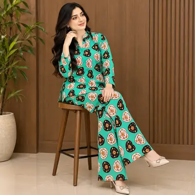 2 Pcs Women's Stitched Linen Printed Co-Ord Set thumbnail 5