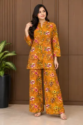 2 Pcs Women's Stitched Linen Printed Co-Ord Set thumbnail 13