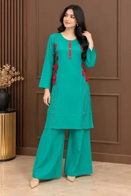 2 Pcs Women's Stitched Linen Hand Work Shirt And Trouser