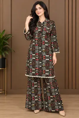 2 Pcs Women's Stitched Linen Printed Shirt And Trouser