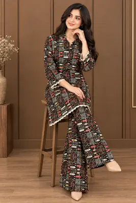 2 Pcs Women's Stitched Linen Printed Shirt And Trouser thumbnail 2