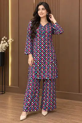 2 Pcs Women's Stitched Linen Printed Shirt And Trouser thumbnail 4