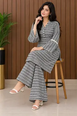 2 Pcs Women's Stitched Linen Printed Shirt And Trouser thumbnail 11