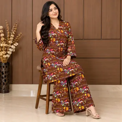 2 Pcs Women's Stitched Linen Printed Shirt And Trouser thumbnail 18