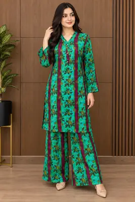 2 Pcs Women's Stitched Linen Printed Shirt And Trouser thumbnail 19