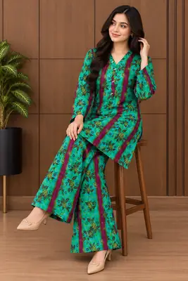 2 Pcs Women's Stitched Linen Printed Shirt And Trouser thumbnail 20