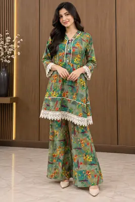 2 Pcs Women's Stitched Linen Printed Shirt And Trouser