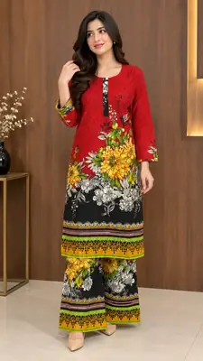 2 Pcs Women's Stitched Linen Printed Shirt And Trouser
