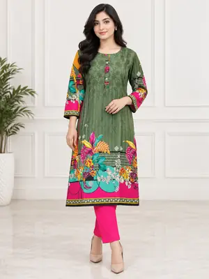 2 Pcs Women's Stitched Linen Printed Shirt And Trouser