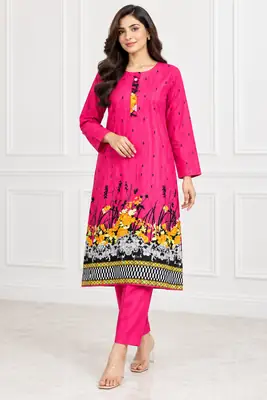 2 Pcs Women's Stitched Linen Printed Shirt And Trouser