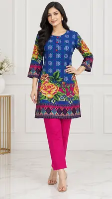 2 Pcs Women's Stitched Linen Printed Shirt And Trouser