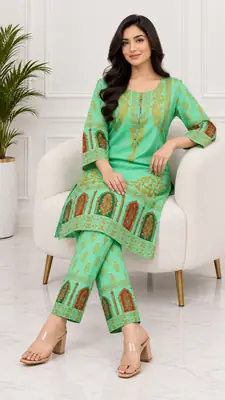 2 Pcs Women's Stitched Linen Printed Shirt And Trouser