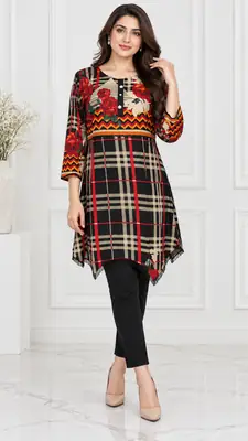 2 Pcs Women's Stitched Linen Printed Short Frock And Trouser