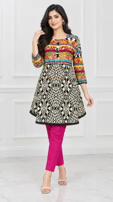 2 Pcs Women's Stitched Linen Printed Short Frock And Trouser