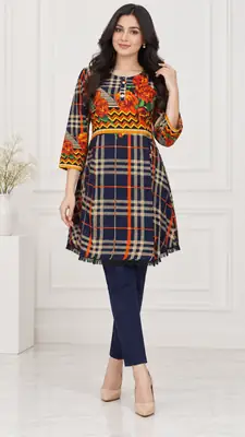 2 Pcs Women's Stitched Linen Printed Short Frock And Trouser