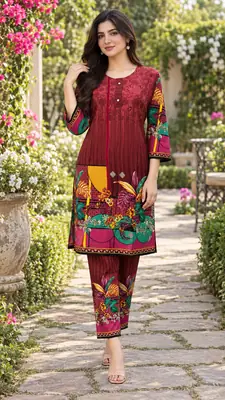 2 Pcs Women's Stitched Linen Printed Shirt And Trouser