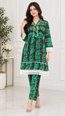 2 Pcs Women's Stitched Linen Printed Frock And Trouser