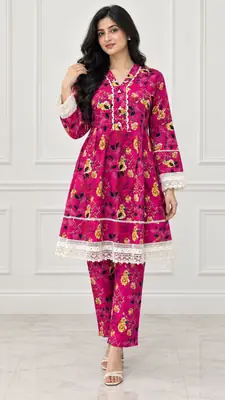 2 Pcs Women's Stitched Linen Printed Frock And Jacket