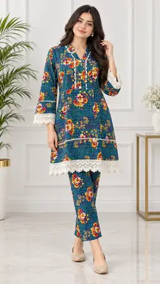 2 Pcs Women's Stitched Linen Printed Frock And Trouser
