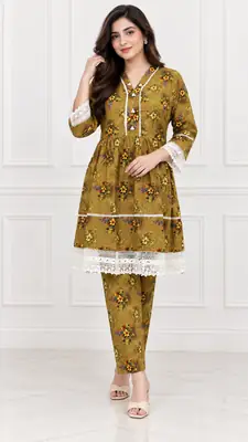 2 Pcs Women's Stitched Linen Printed Frock And Trouser