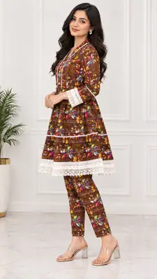 2 Pcs Women's Stitched Linen Printed Frock And Trouser