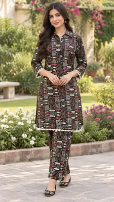 2 Pcs Women's Stitched Linen Printed Frock And Trouser