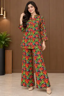 2 Pcs Women's Stitched Linen Printed Co-Ord Set