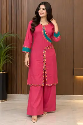 2 Pcs Women's Stitched Linen Plain Shirt And Trouser