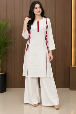 2 Pcs Women's Stitched Linen Plain Shirt And Trouser
