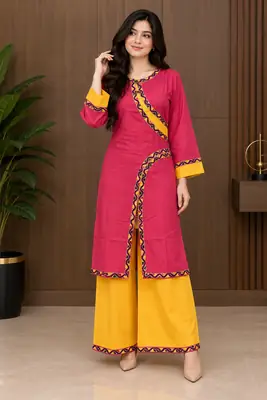 2 Pcs Women's Stitched Linen Plain Shirt And Trouser