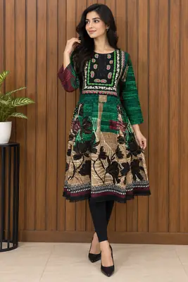 2 Pcs Women's Stitched Linen Printed Frock And Trouser