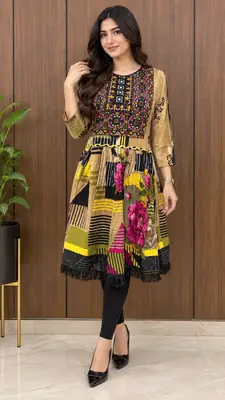 2 Pcs Women's Stitched Linen Printed Frock And Trouser