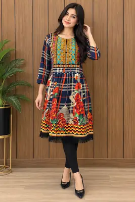 2 Pcs Women's Stitched Linen Printed Frock And Trouser