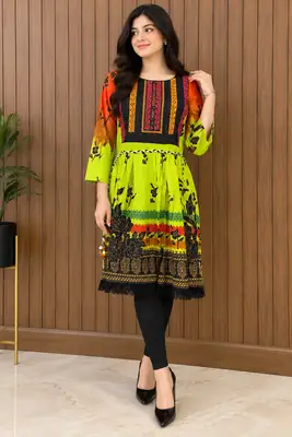 2 Pcs Women's Stitched Linen Printed Frock And Trouser