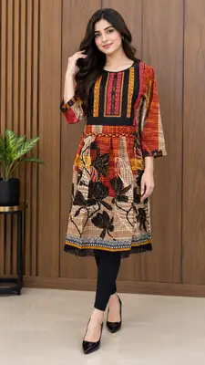 2 Pcs Women's Stitched Linen Printed Frock And Trouser