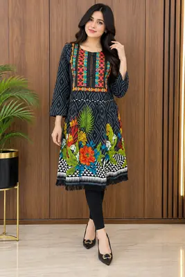 2 Pcs Women's Stitched Linen Printed Frock And Trouser