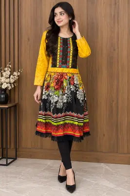 2 Pcs Women's Stitched Linen Printed Frock And Trouser