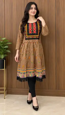 2 Pcs Women's Stitched Linen Printed Frock And Trouser