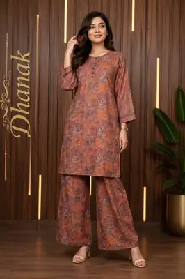 2 Pcs Women's Stitched Dhanak Printed Shirt And Trouser