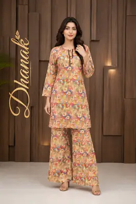 2 Pcs Women's Stitched Dhanak Printed Shirt And Trouser